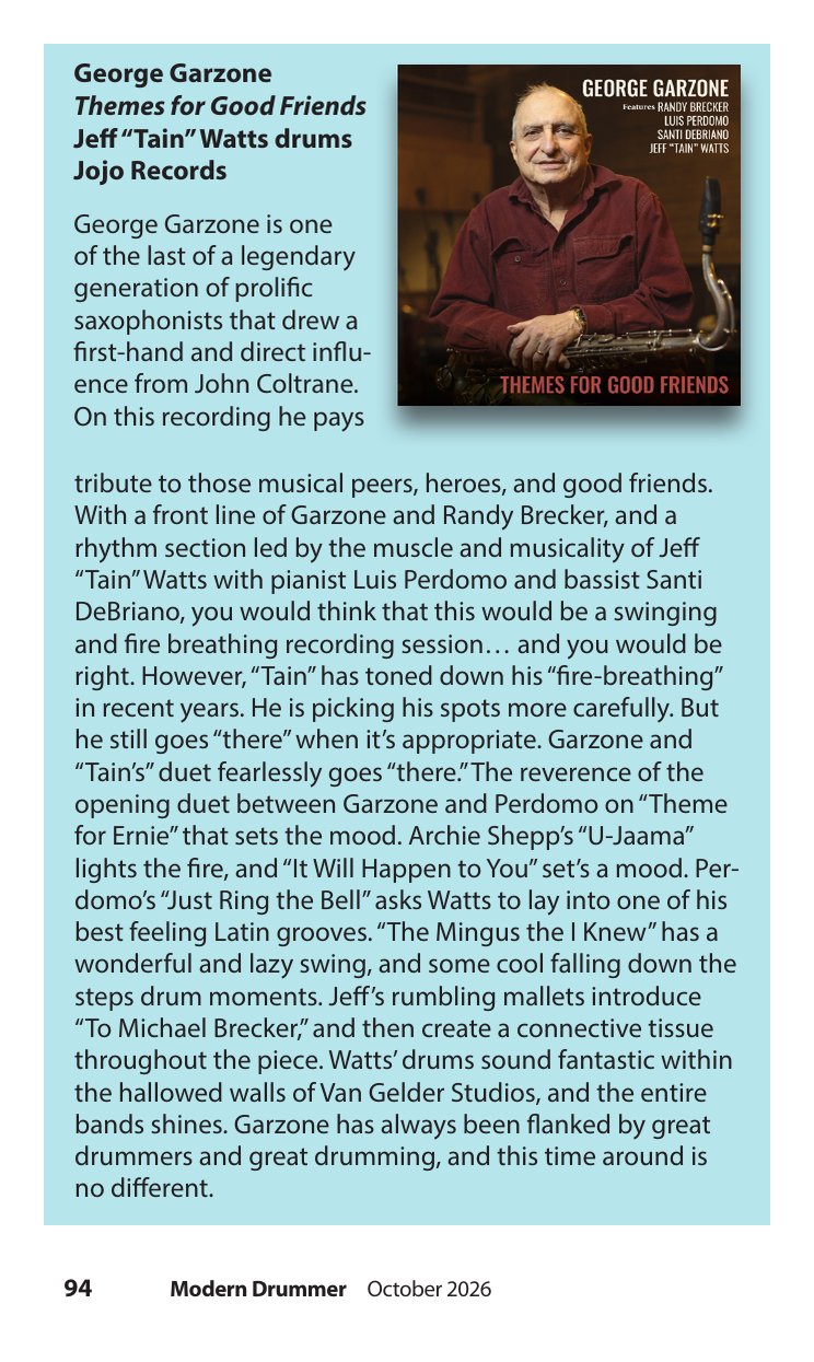 Modern Drummer, October 2026, page 94: review of George Garzone’s Themes for Good Friends